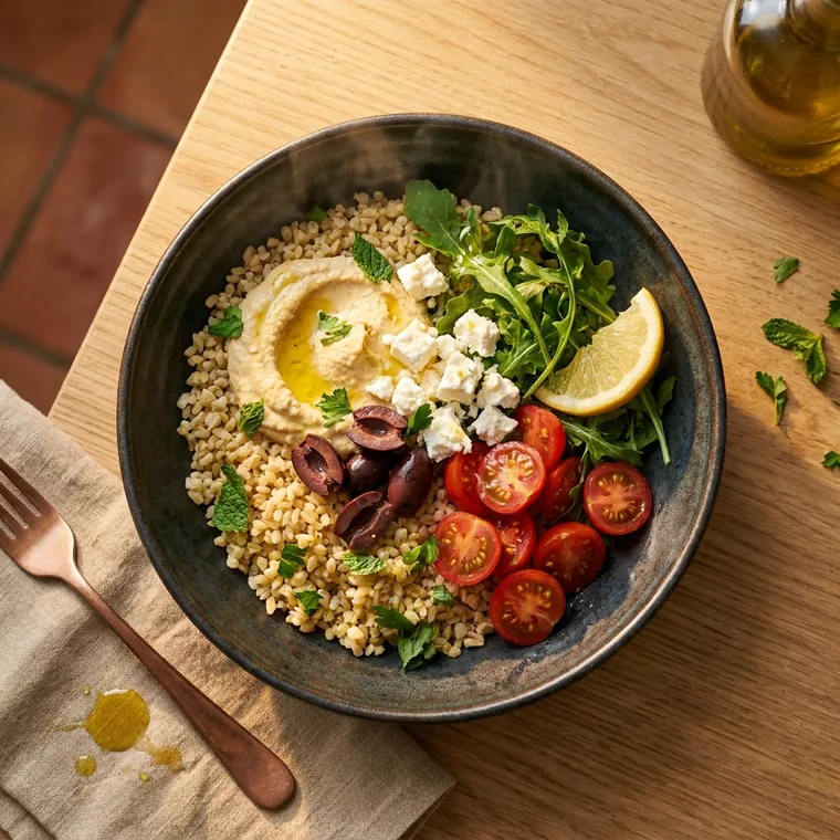 Bowl de cuscús con vegetales, aceitunas y queso